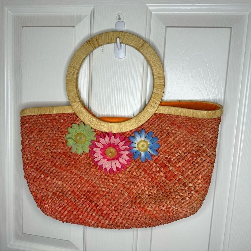 VTG Marld Orange Woven Straw Floral Medium Sz Handbag Bohemian Retro Spring 90s - Picture 3 of 9